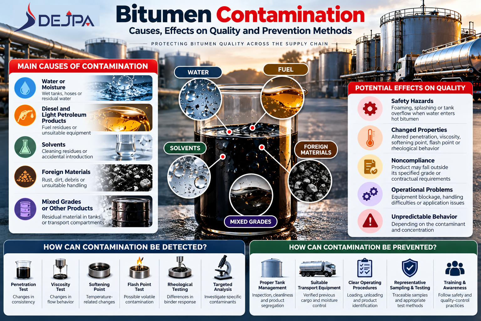 Technical infographic showing sources of bitumen contamination including water, fuel, solvents, foreign materials and mixed grades, with quality risks, testing and prevention measures