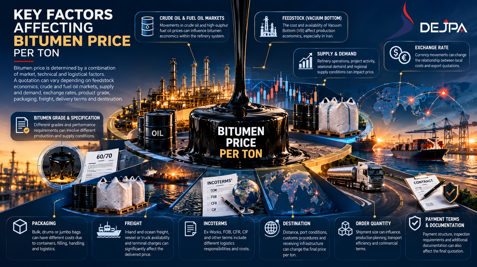 Infographic explaining the main factors affecting bitumen price per ton including feedstock, crude and fuel oil markets, supply and demand, exchange rates, packaging, freight and Incoterms