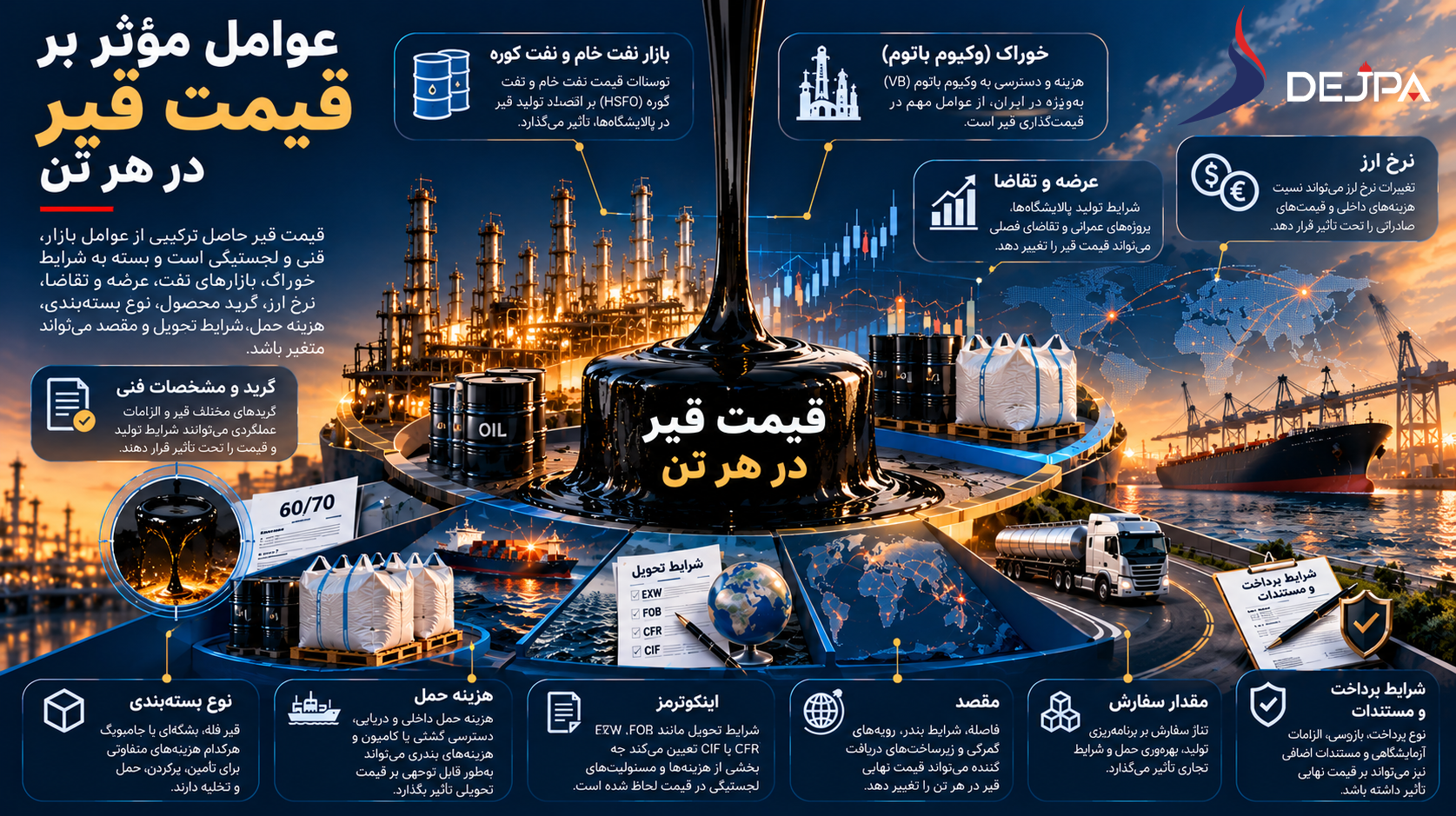 اینفوگرافیک عوامل مؤثر بر قیمت هر تن قیر شامل قیمت وکیوم باتوم، نفت خام، عرضه و تقاضا، نرخ ارز، بسته‌بندی، هزینه حمل، اینکوترمز و شرایط تحویل