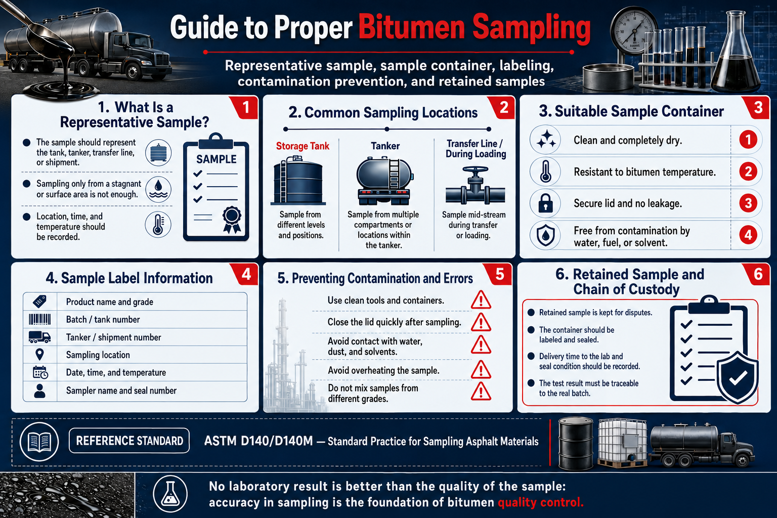 Infographic explaining correct bitumen sampling, including representative samples, tank and tanker sampling, suitable containers, contamination prevention, labeling, sealing, retained samples, and chain of custody